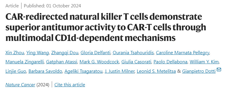 
CAR重定向的自然殺傷T細胞通過多模式CD1d依賴機制顯示出優于CAR-T細胞的抗腫瘤活性