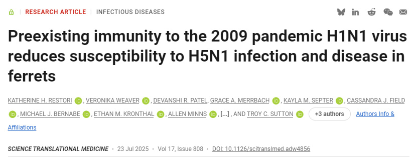針對2009年甲型H1N1流感病毒的預存免疫力可減弱雪貂對H5N1感染的易感性及發病風險