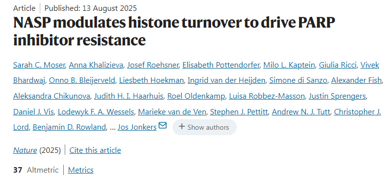 NASP通過調控組蛋白更新驅動PARP抑制劑耐藥性的產生