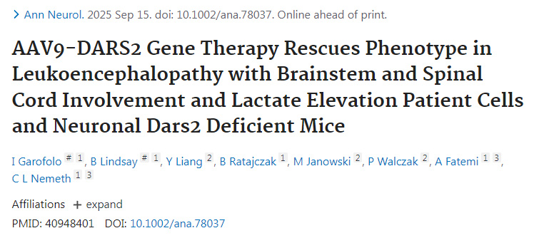 AAV9-DARS2基因療法挽救伴腦干脊髓受累及乳酸升高的腦白質營養不良患者細胞與神經元Dars2缺陷小鼠的表型