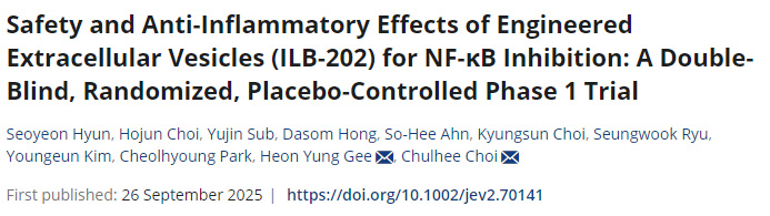 一種用于抑制NF-κB的工程化細胞外囊泡ILB-202的安全性與抗炎效果：雙盲、隨機、安慰劑對照的I期臨床試驗