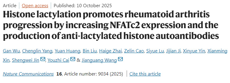 組蛋白乳酸化通過增加NFATc2表達及抗乳酸化組蛋白自身抗體產生促進類風濕關節炎進展