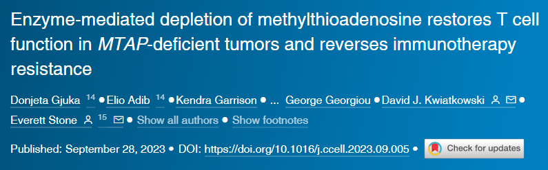 酶介導的甲硫腺苷耗竭可恢復MTAP缺陷腫瘤的T細胞功能并逆轉免疫療法耐藥性