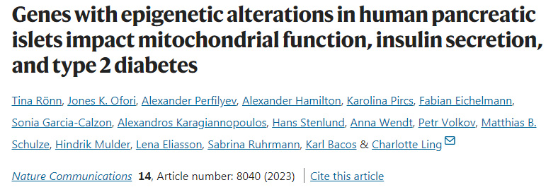 人類胰島表觀遺傳學(xué)改變的基因影響線粒體功能、胰島素分泌和2型糖尿病