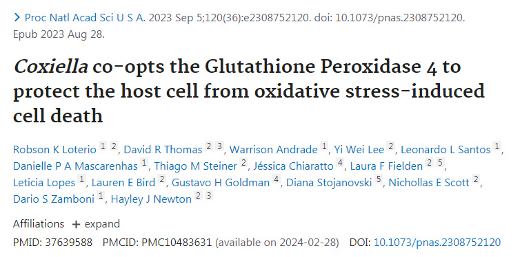 Coxiella產生的谷胱甘肽過氧化物酶4保護宿主細胞免受氧化應激誘導的細胞凋亡