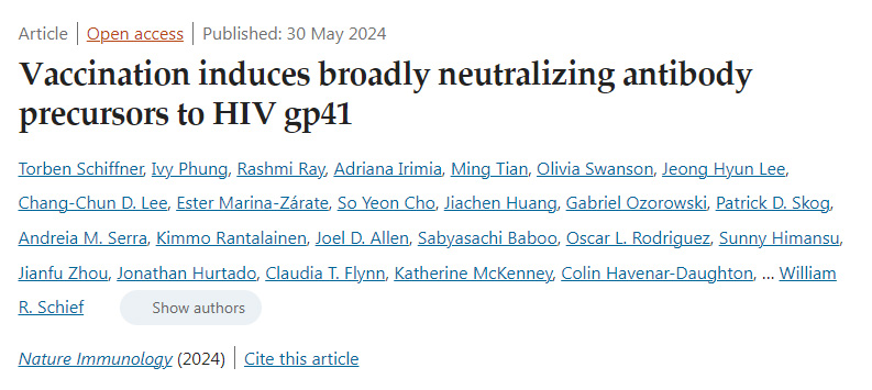 疫苗接種誘導對HIV gp41的廣泛中和抗體前體