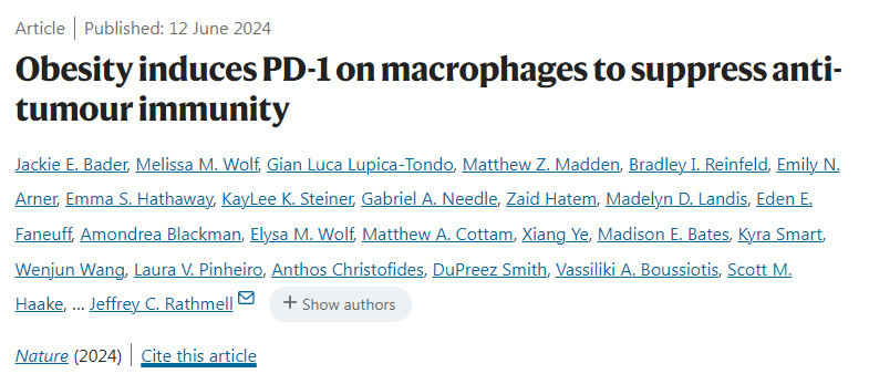 肥胖誘導巨噬細胞上的PD-1抑制抗腫瘤免疫