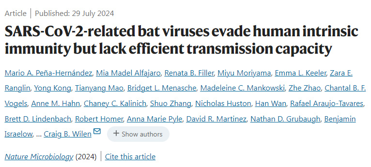 嚴重急性呼吸系統綜合征冠狀病毒2型相關蝙蝠病毒逃避人類固有免疫，但缺乏有效的傳播能力